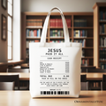 White cotton tote bag with black handles and scripture receipt print front