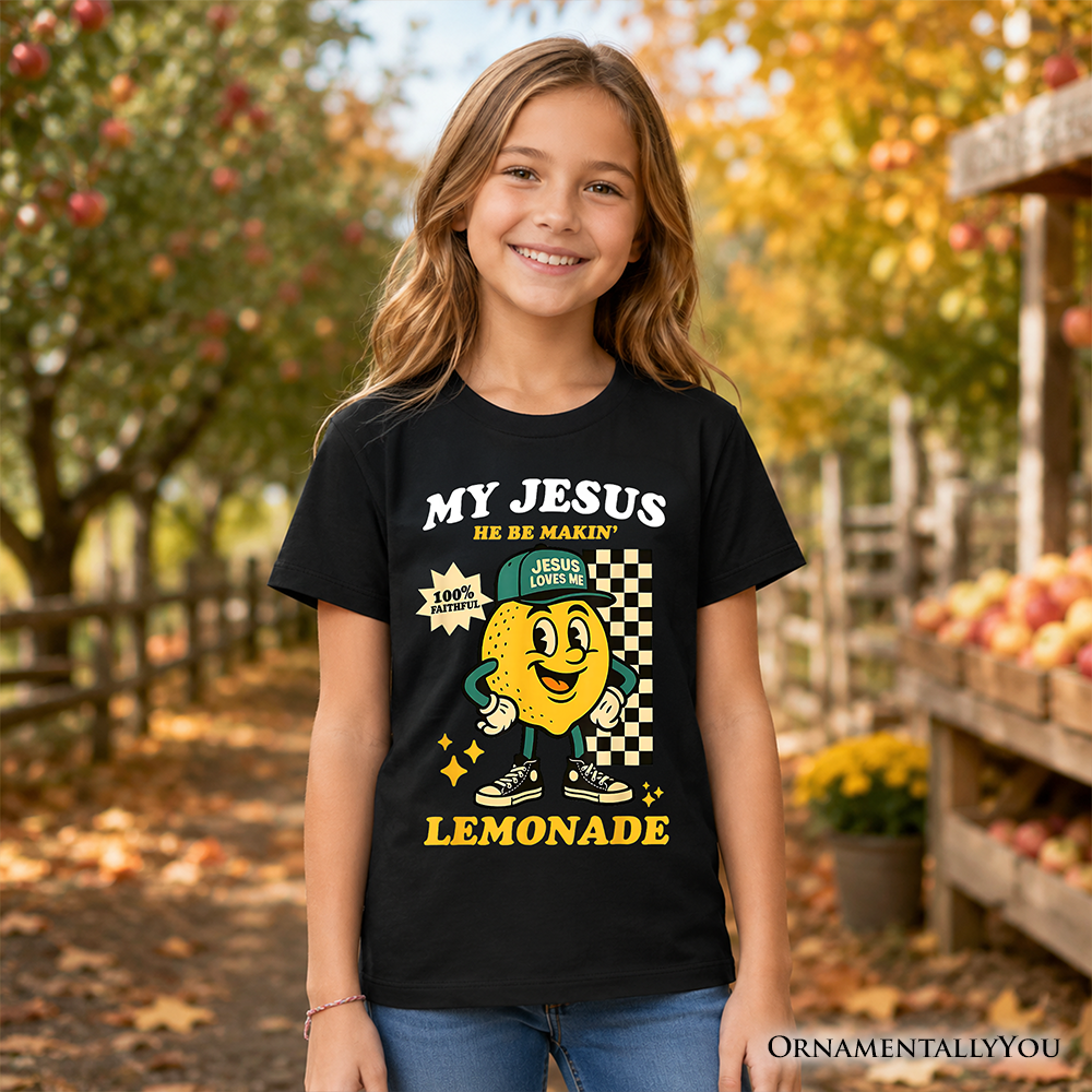 Kids black T-shirt with smiling lemon character 'My Jesus Be Makin' Lemonade' print
