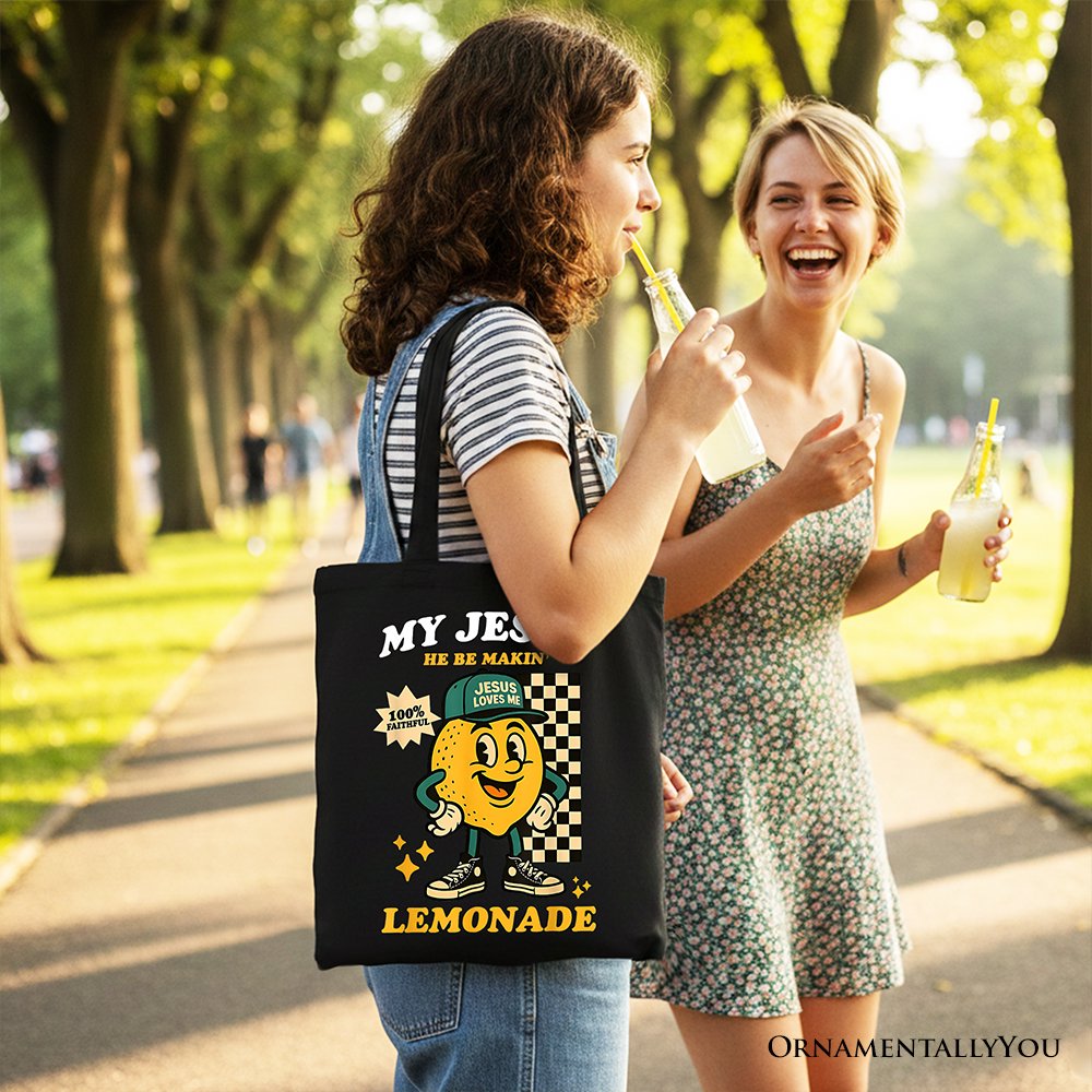 Black tote bag with 'My Jesus' lemonade graphic on the front.