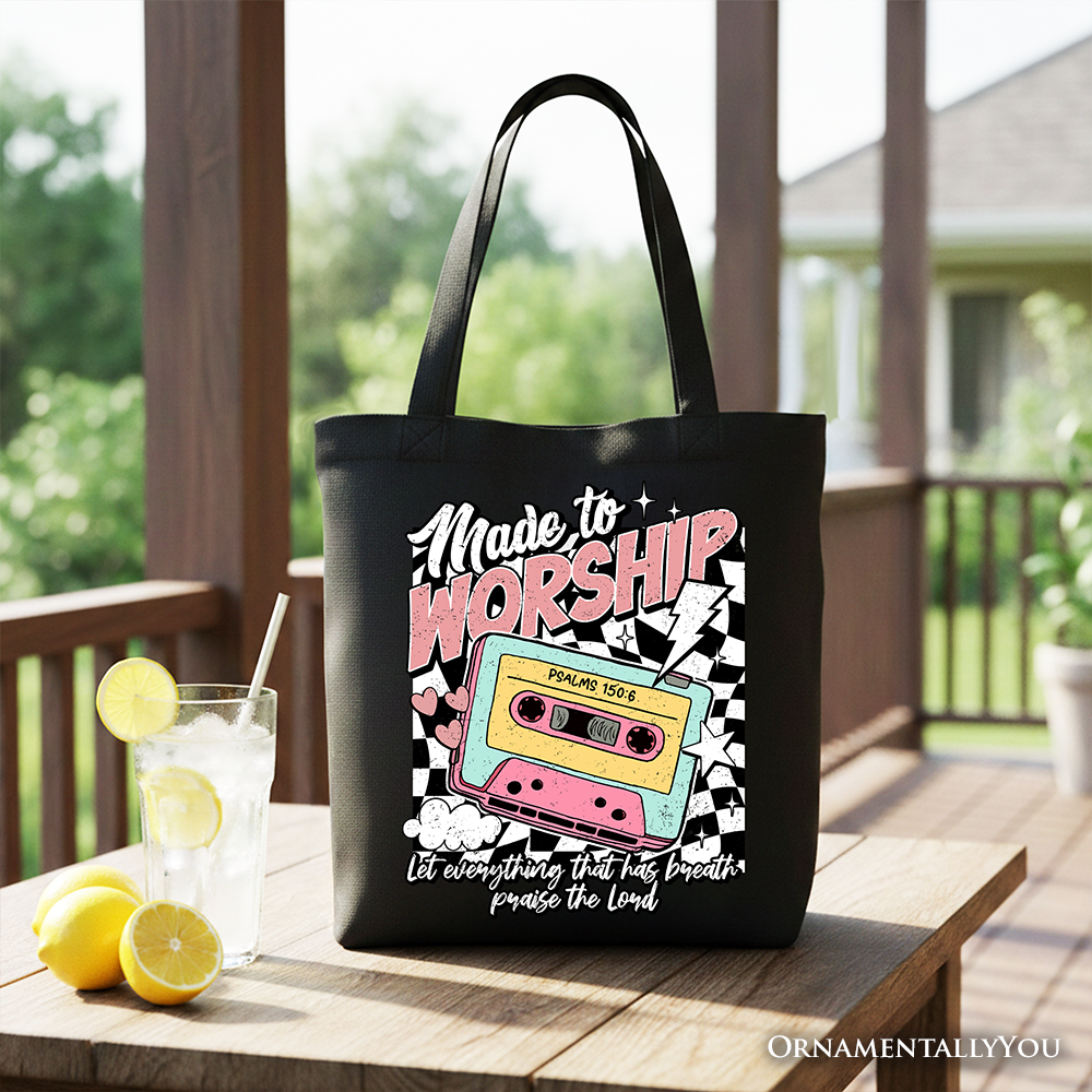 Black Christian retro tote bag with black handles and colorful Bible verse cassette graphic