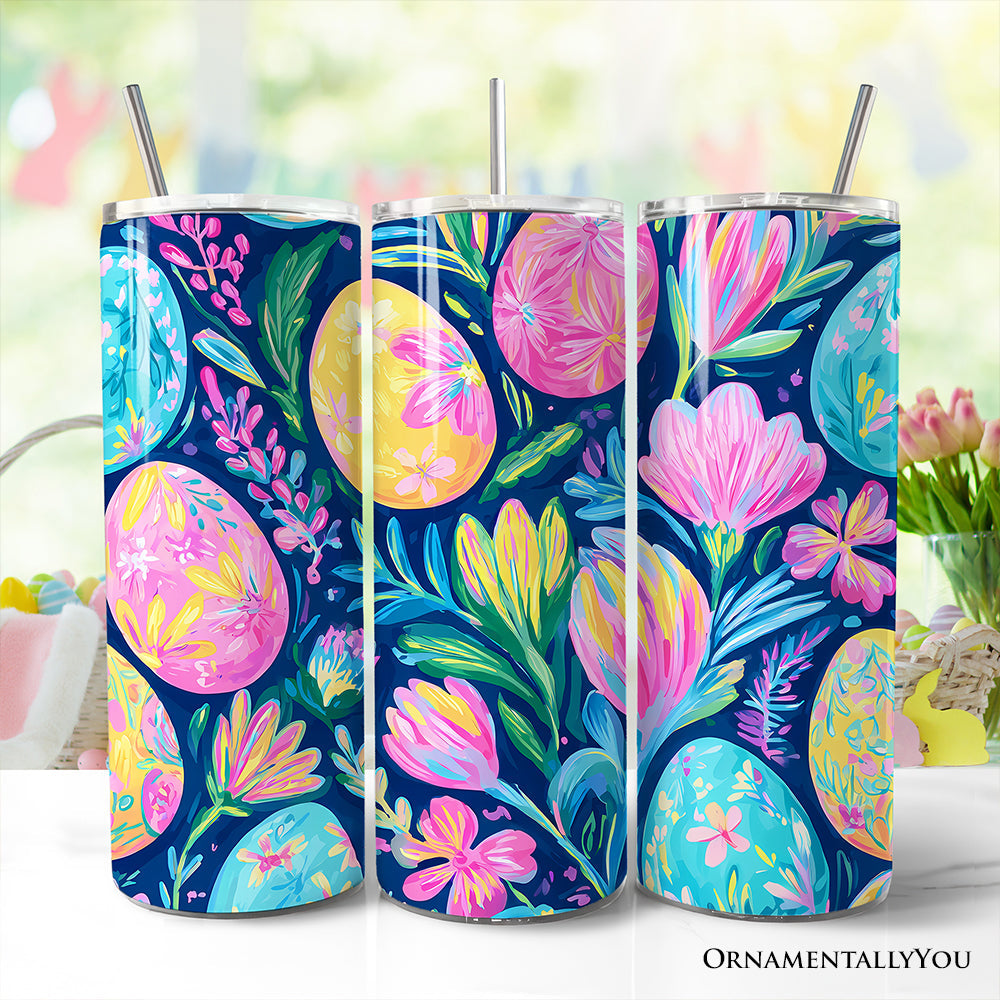 20oz tumblers with lid and straw, spring floral painted egg pattern