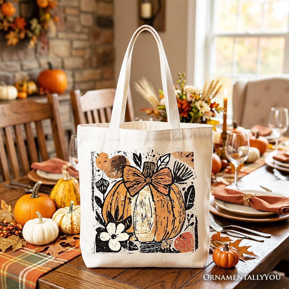 White canvas tote bag with orange pumpkin floral bow print and sturdy handles