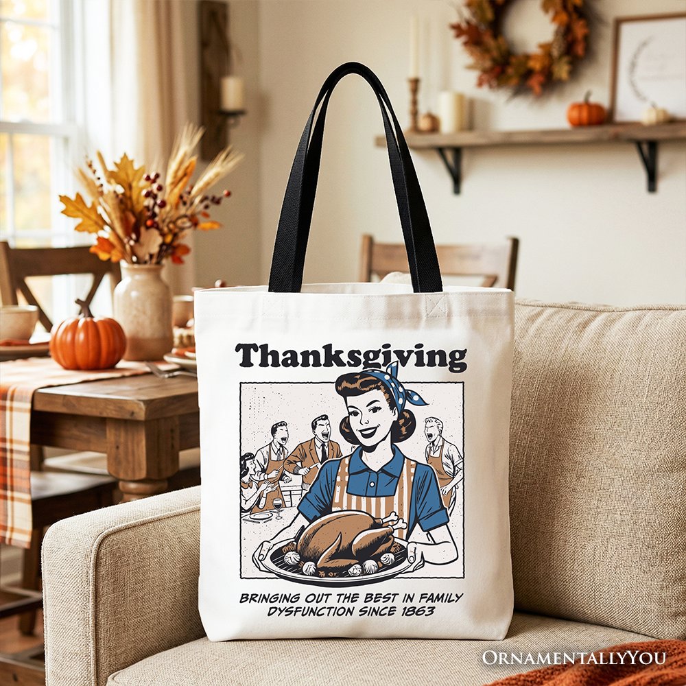 White Thanksgiving tote bag with black handles and front text graphic with turkey centerpiece.