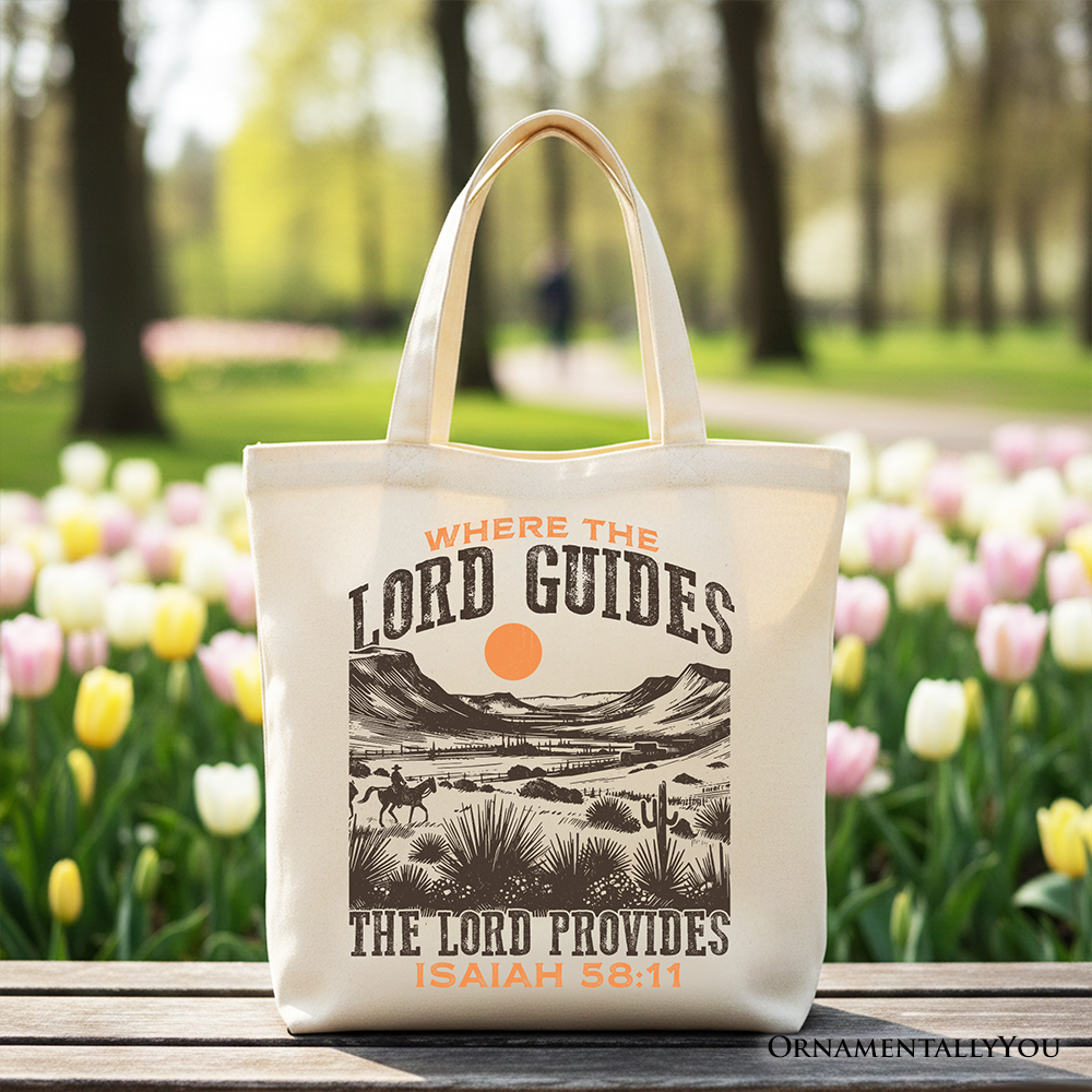 Cream tote bag with desert artwork and 'The Lord Provides' Isaiah 58:11, front