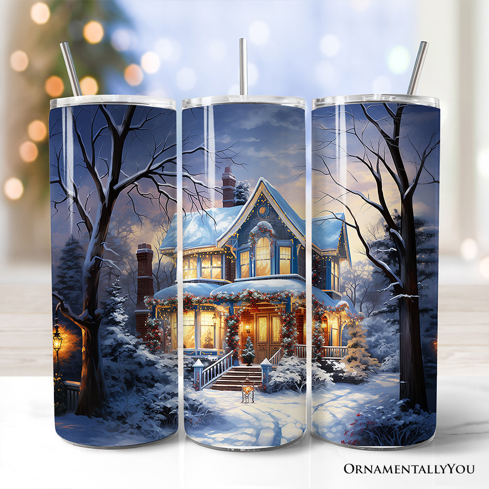 20oz winter house night tumbler with lid and silver straw, blue snowy cottage design