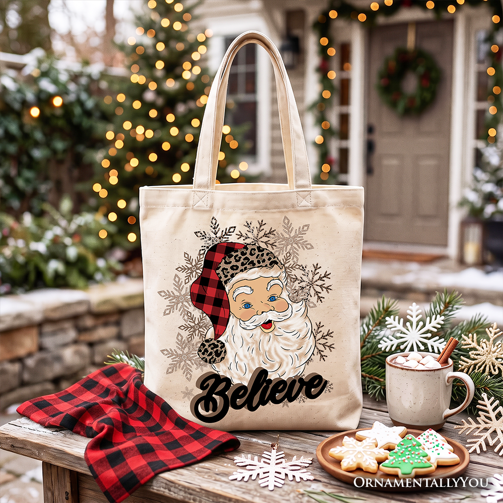 Believe Santa buffalo plaid tote bag with snowflakes graphic and light beige handles