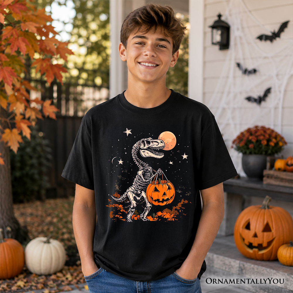 Kids black crew-neck T-shirt with dinosaur skeleton, moon, stars, and pumpkin graphic