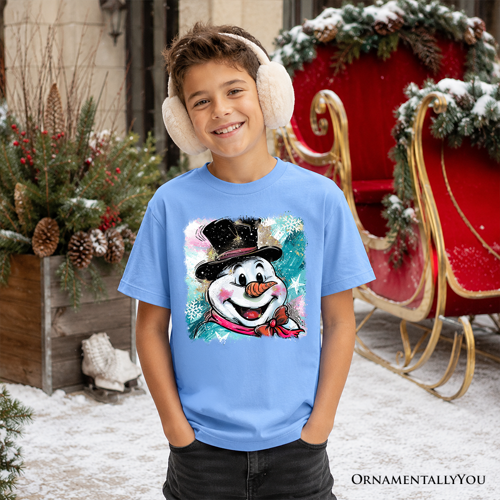 Kids Carolina blue t-shirt with glitter snowman face graphic and top hat