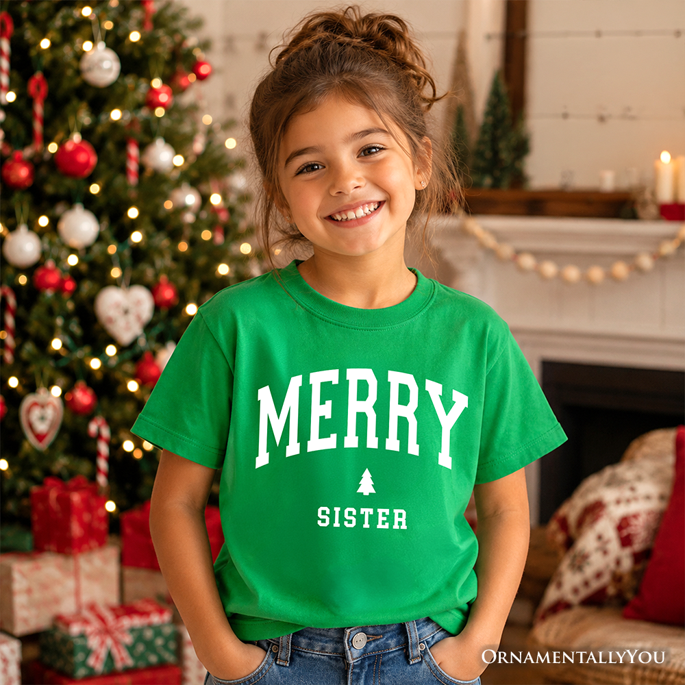 Kids green Christmas T-shirt with “MERRY SISTER” and tree print