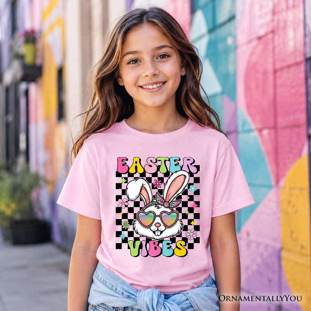 Kids Easter graphic T-shirt, pink crew neck with bunny “Easter Vibes” print