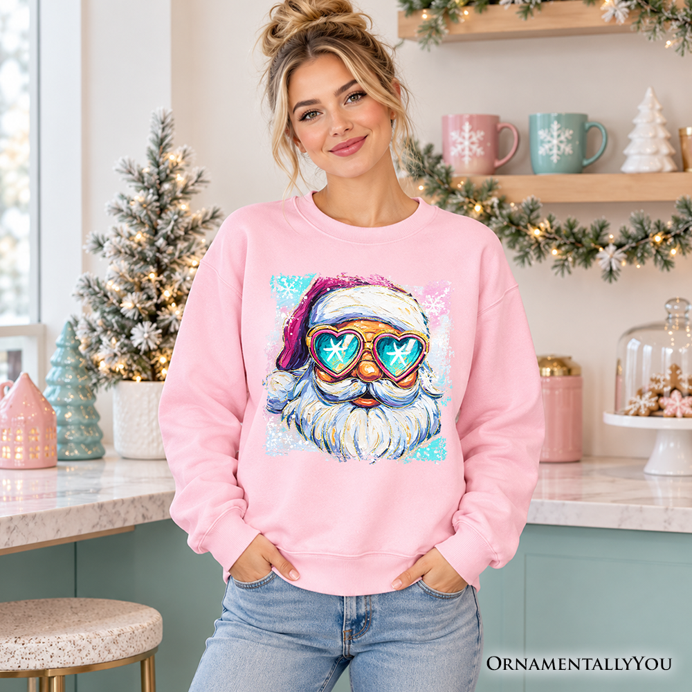 Pink crewneck sweatshirt with colorful Santa portrait in neon sunglasses