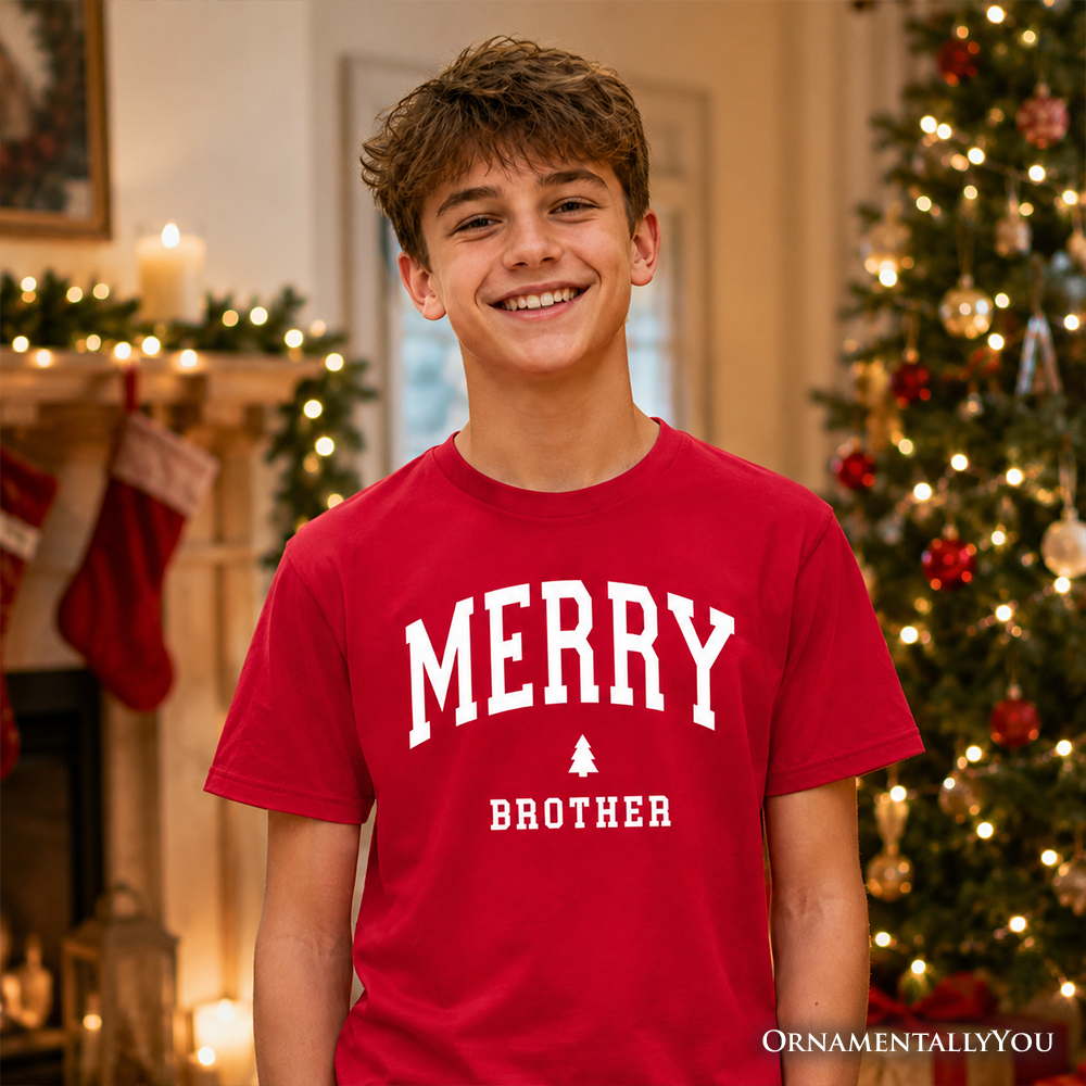 Kids red crewneck t-shirt with "MERRY BROTHER" graphic