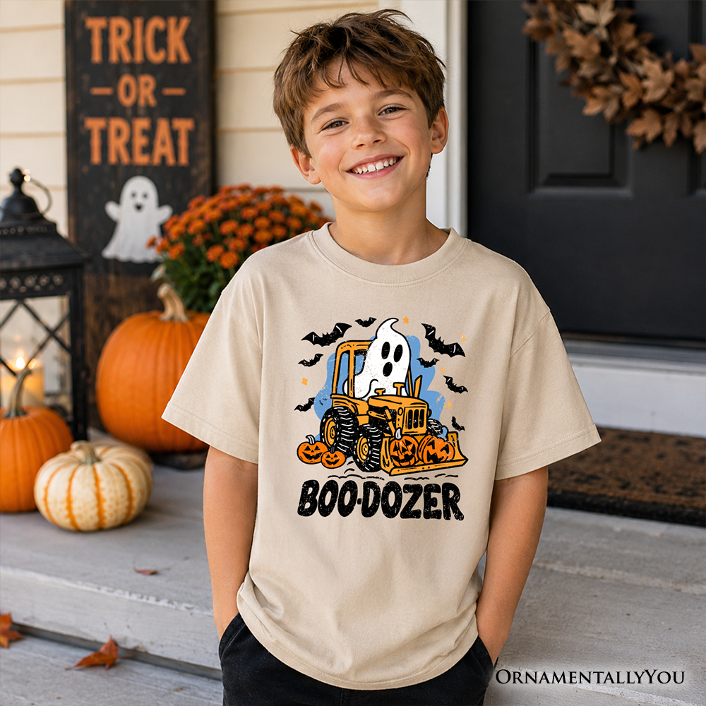 Kids sand Halloween construction vehicle T-shirt with Boo-Dozer graphic on front