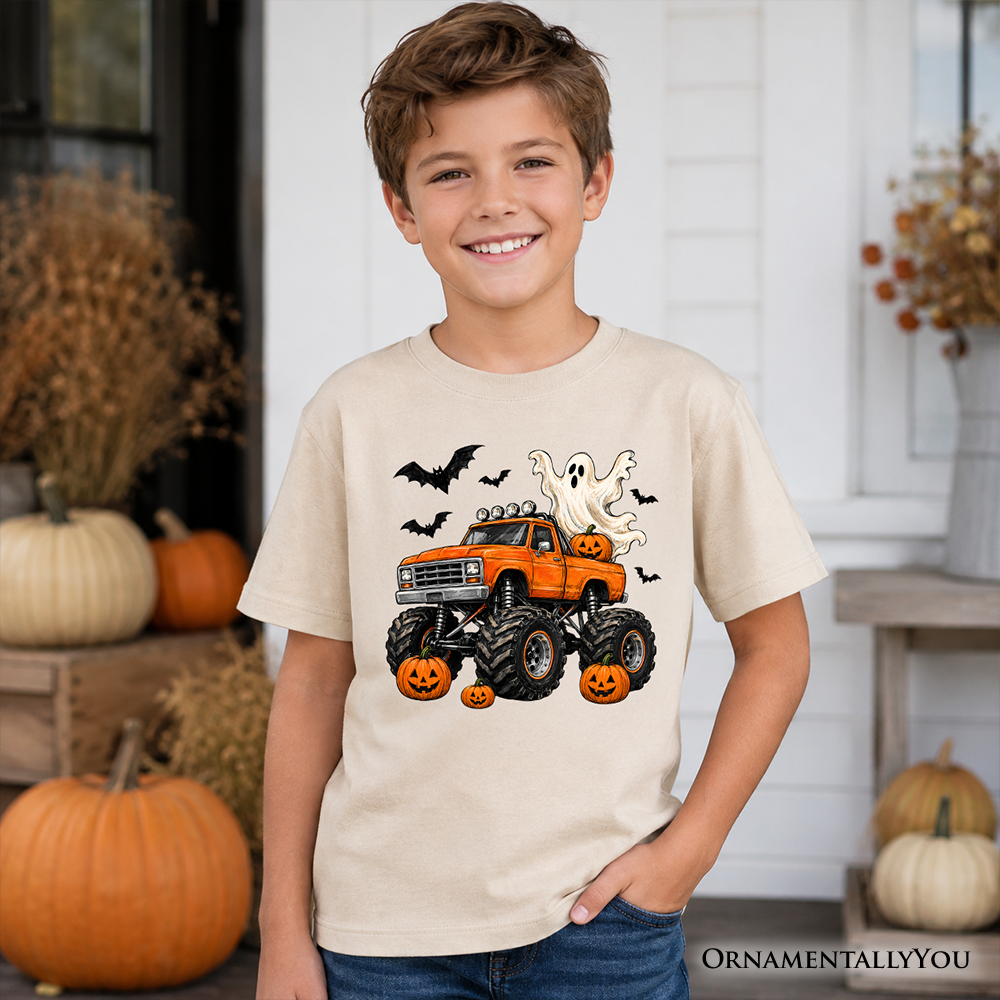 Kids Halloween monster truck T-shirt, sand with orange truck, ghost, bats and pumpkins
