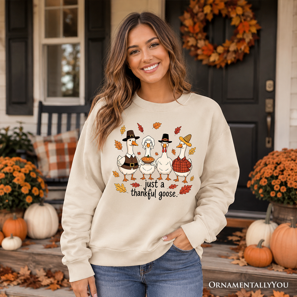 Cream sweatshirt with “just a thankful goose” turkey graphic and autumn leaves