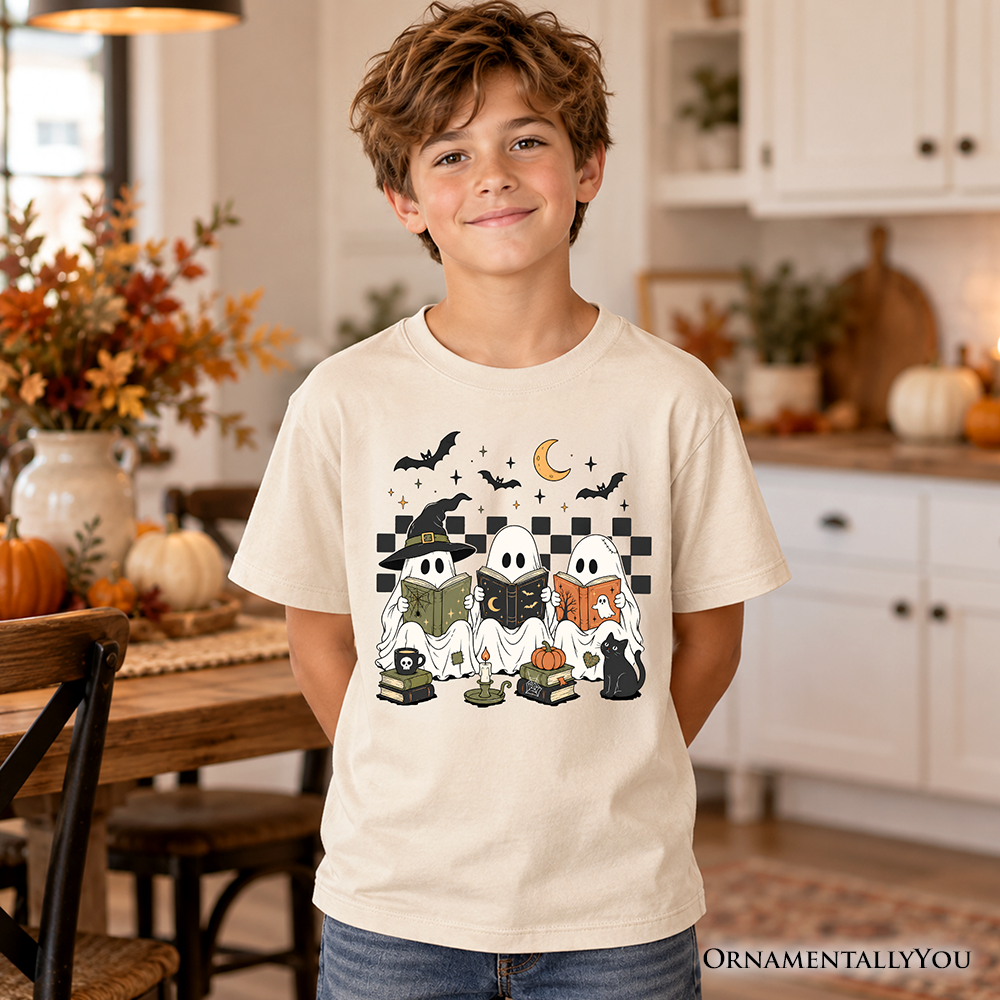 Kids cream reading ghosts T-shirt with witch hat cat and checkerboard graphic