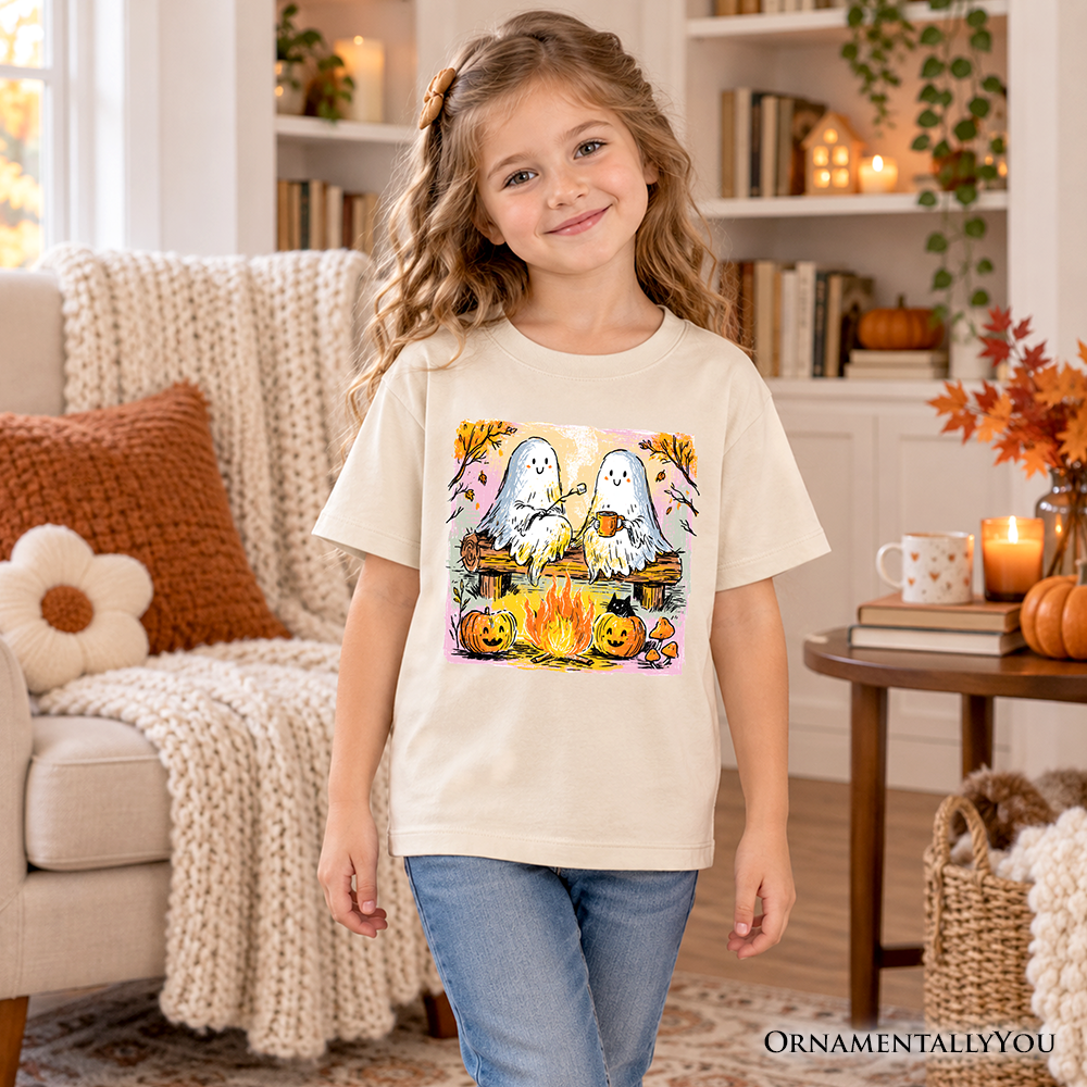 Kids cream T-shirt with ghost and pumpkin campfire graphic
