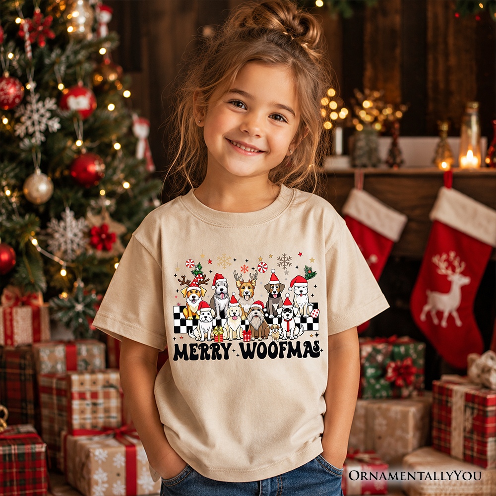 Kids sand dog Christmas T-shirt with Santa hats and “Merry Woofmas” graphic