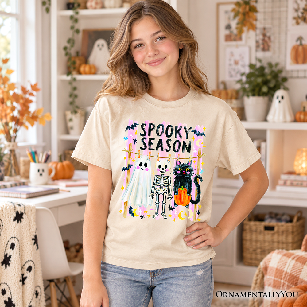 Kids light beige spooky season graphic T-shirt with “Spooky Season” front design