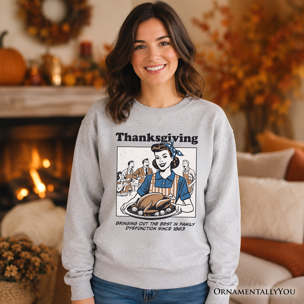 Gray crewneck sweatshirt with Thanksgiving woman graphic and turkey illustration
