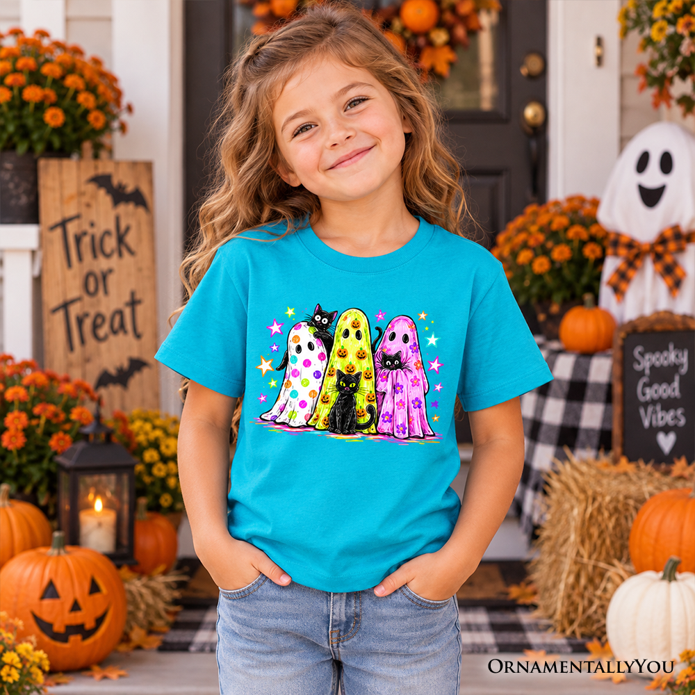 Kids Halloween t-shirt in teal with colorful ghost and black cat front graphic