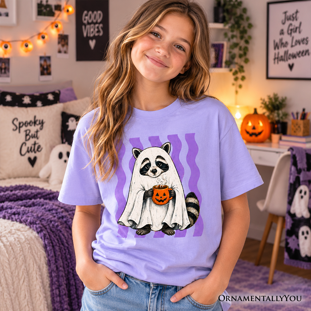 Kids Halloween raccoon ghost pumpkin T-shirt, lavender purple with front graphic