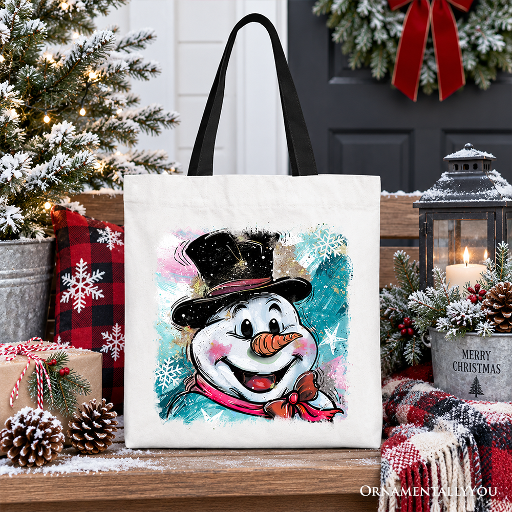 White cotton tote bag with black top hat snowman artwork, blue handles