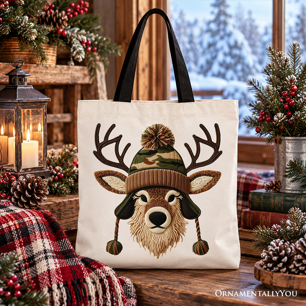 Beige canvas tote bag with embroidered deer face and antlers, black handles
