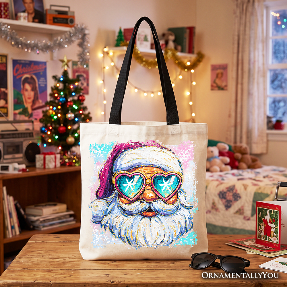 White cotton tote bag with colorful Santa sunglasses graphic, black carry handles