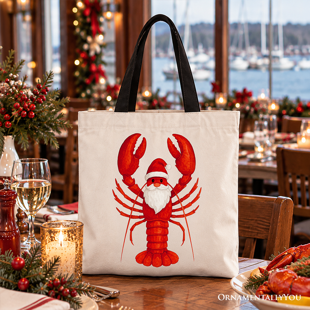 White cotton tote bag with black handles and red lobster Santa print