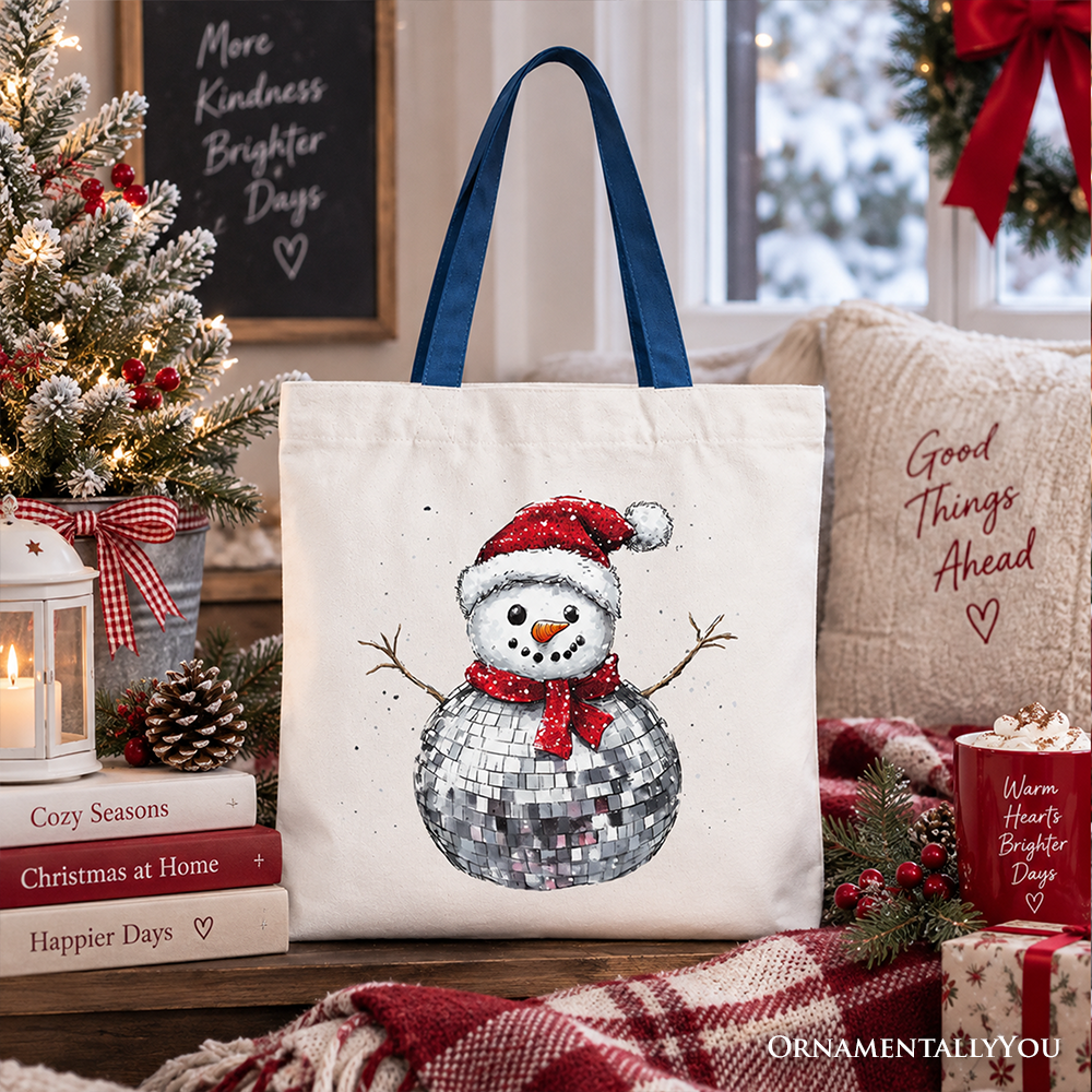 White tote bag with disco snowman graphic and navy handles