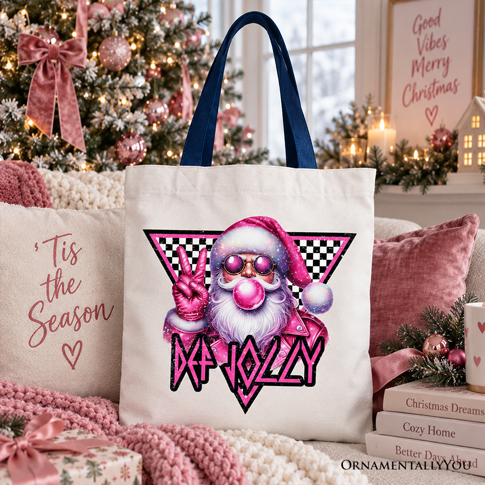 White tote bag with Santa bubblegum print and navy carry handles
