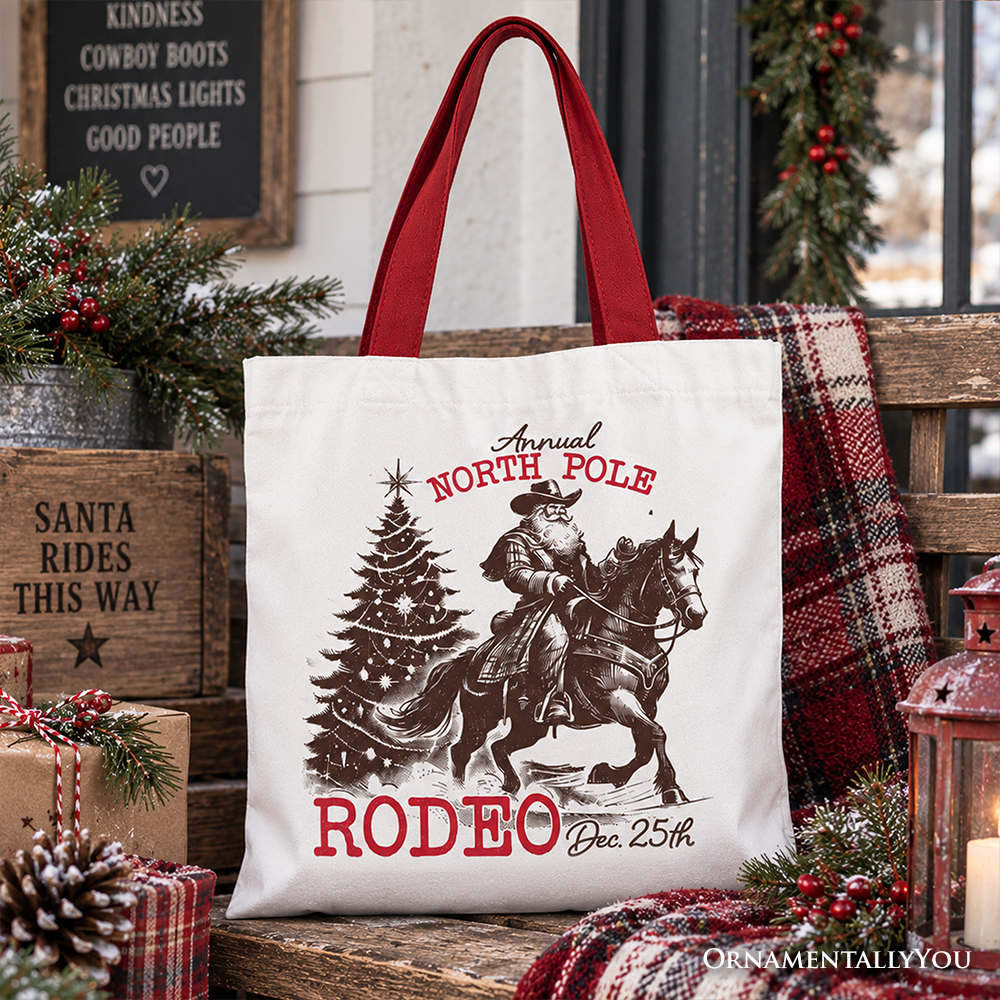 White tote bag with red 'RODEO' text and horse rider near pine trees graphic