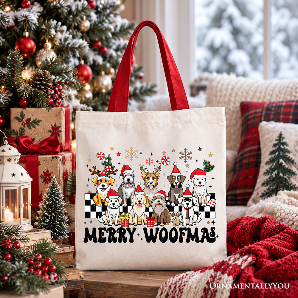 Beige cotton tote bag with Merry Woofmas dog graphic and red handles