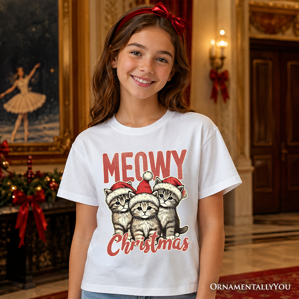 Kids white cat Christmas graphic t-shirt with 'MEOWY Christmas' print and red bow