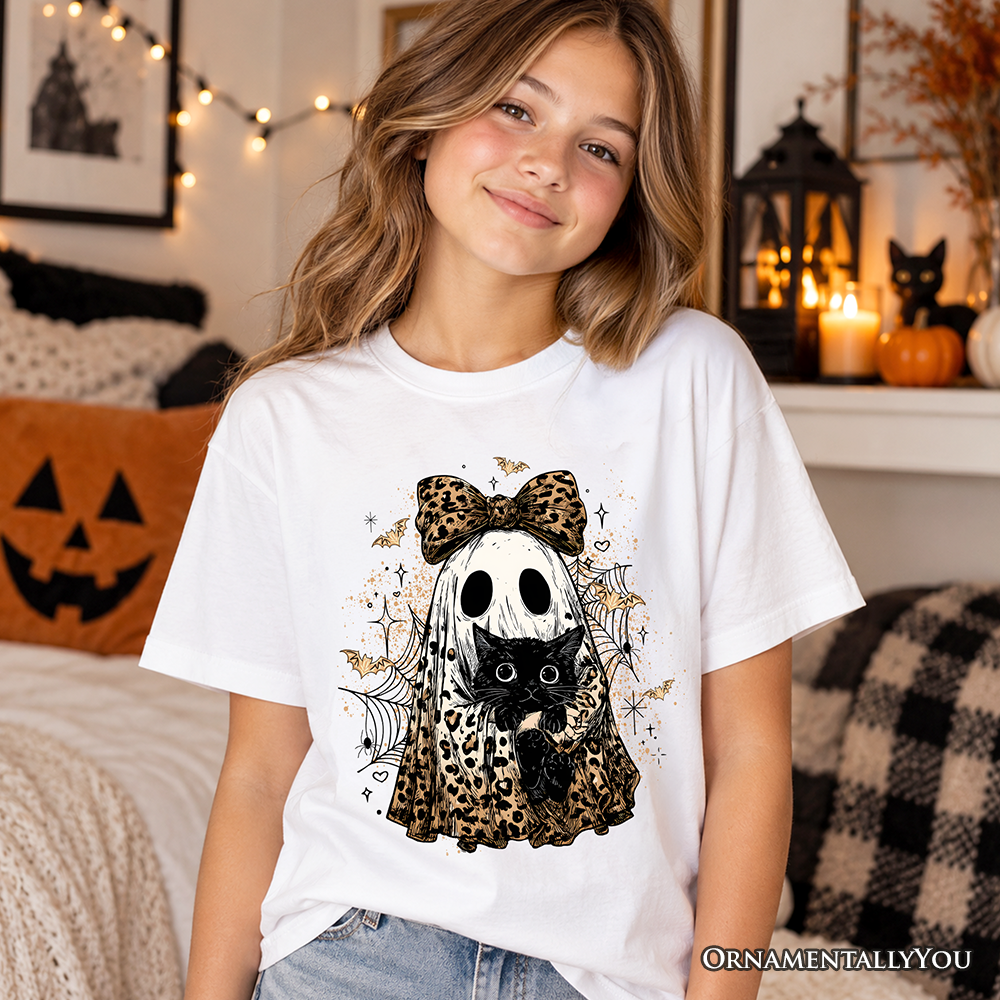 Kids white t-shirt with leopard bow and black cat graphic, short sleeves