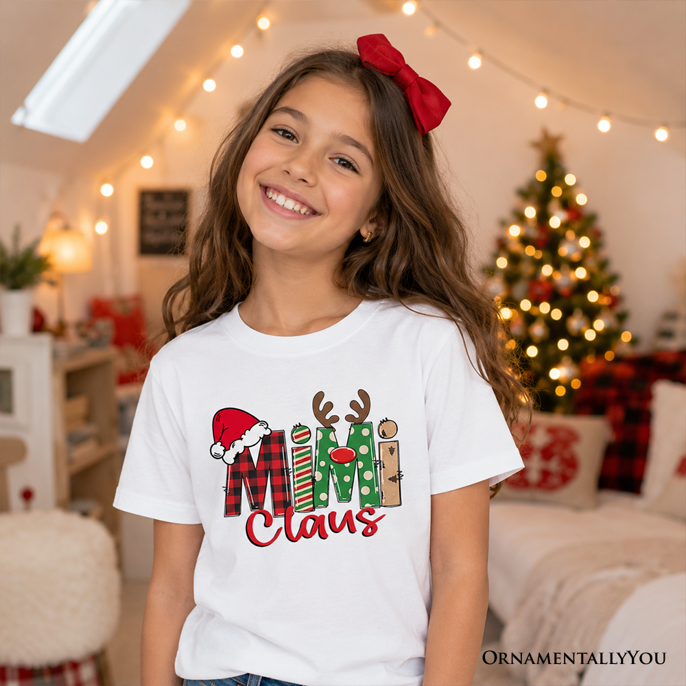 White youth T-shirt with Santa and Christmas block “Claus” graphic, short sleeves