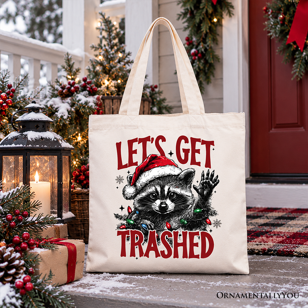 Off-white Christmas tote bag with red handles and festive raccoon "LET'S GET TRASHED" graphic