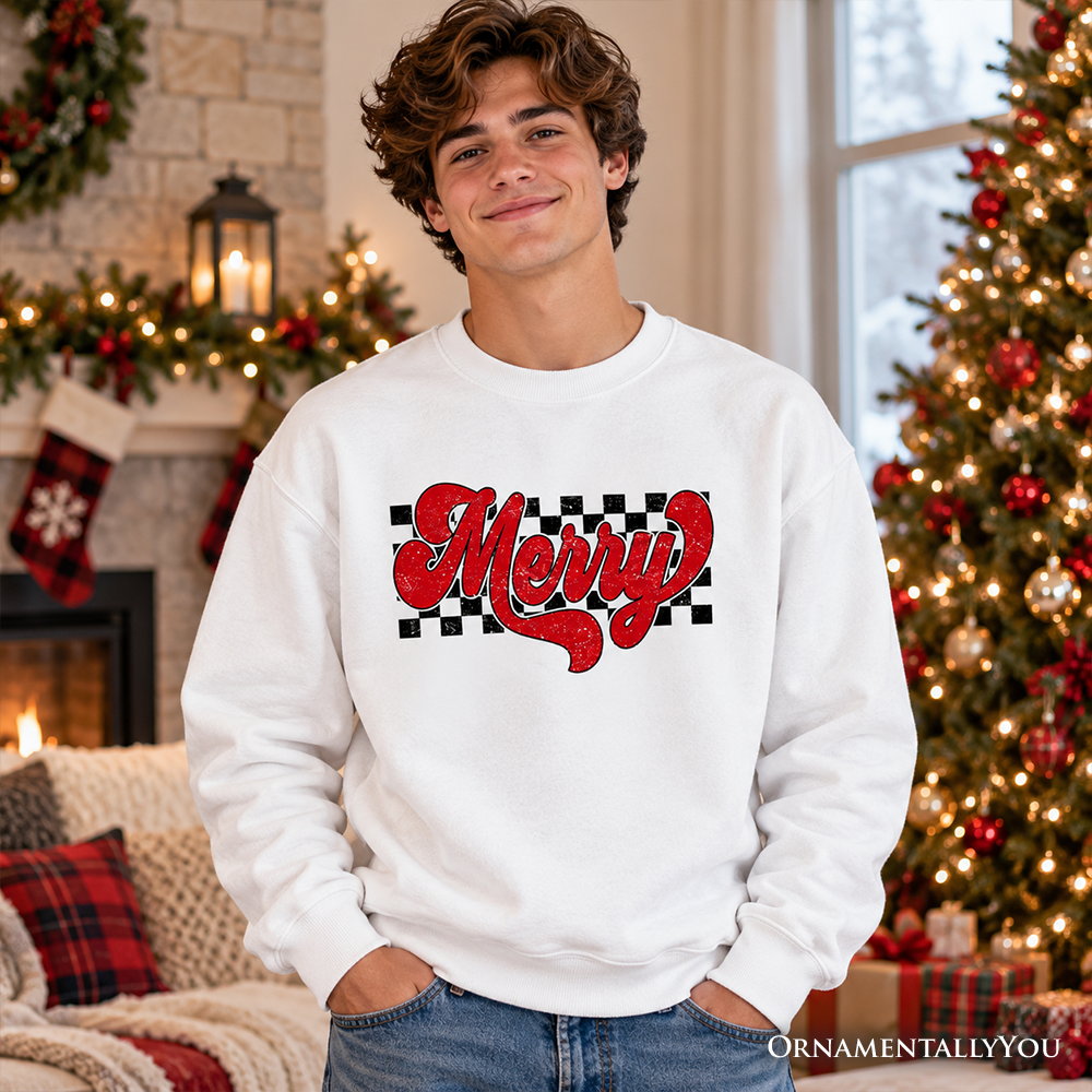 White crewneck sweatshirt with red “Merry” script logo and black checkered accents