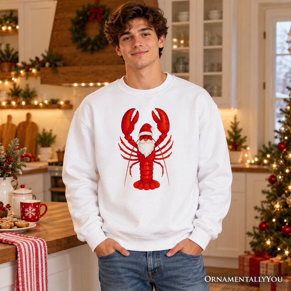 White crewneck sweatshirt featuring red Santa lobster graphic on front