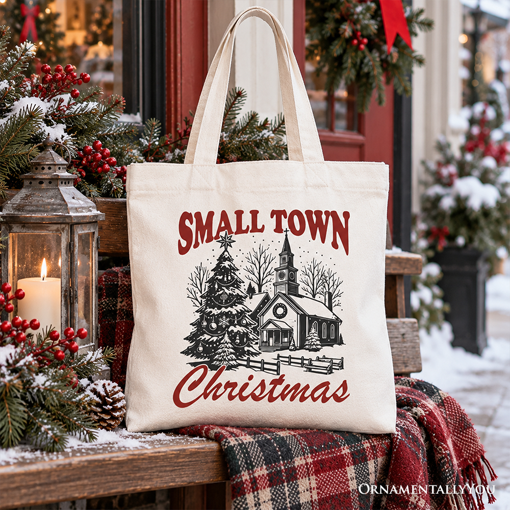 Christmas tote bag with “Small Town Christmas” church and tree graphic on front