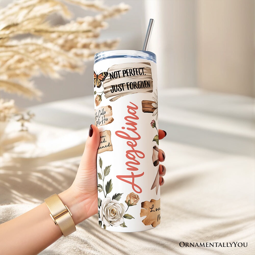 Vintage floral Christian tumbler with lid and stainless straw, white cup with rose details