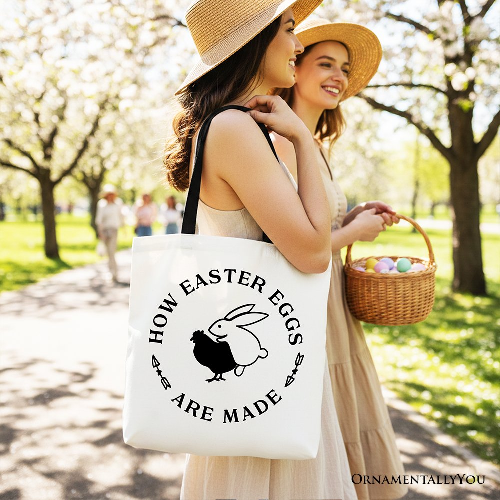 White tote bag with black handles, Easter bunny and 'How Easter Eggs Are Made' text