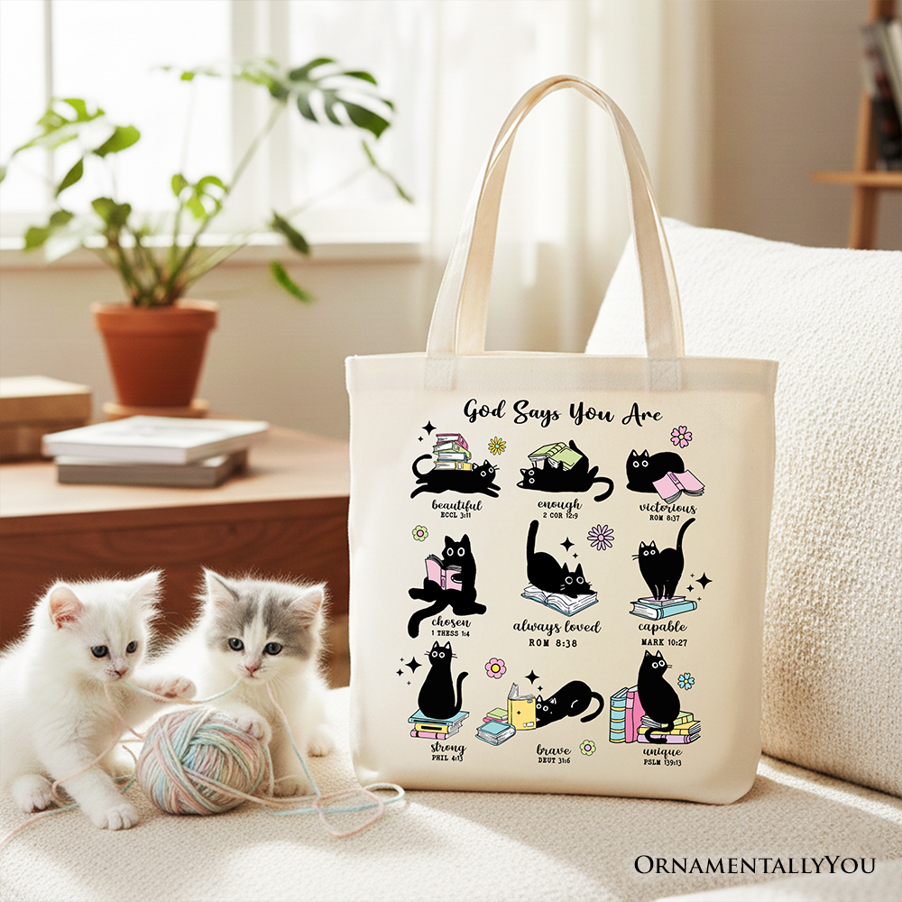 White cotton tote bag with cat collage design and faith words on front