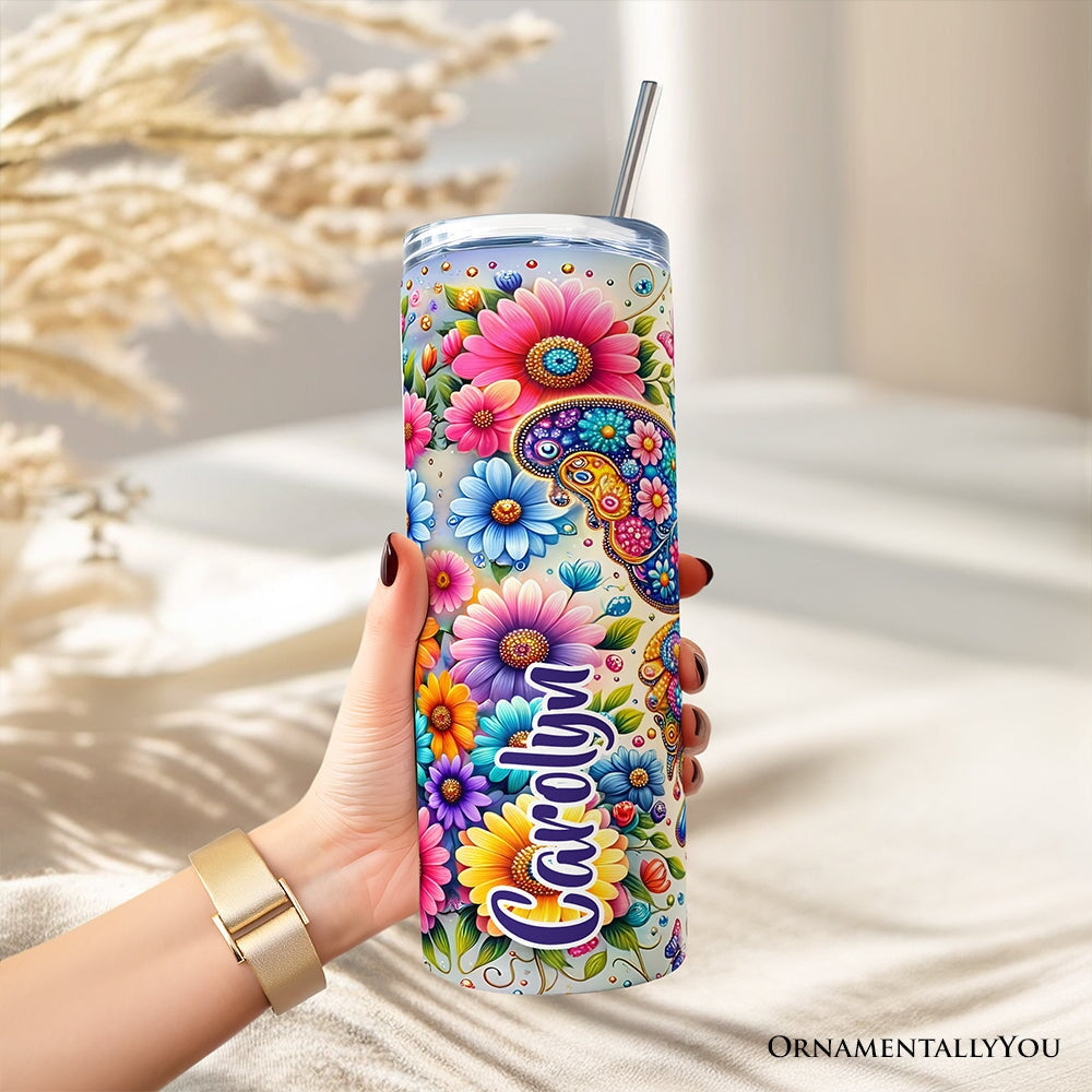 20oz personalized tumbler with lid and steel straw; colorful floral butterfly artwork