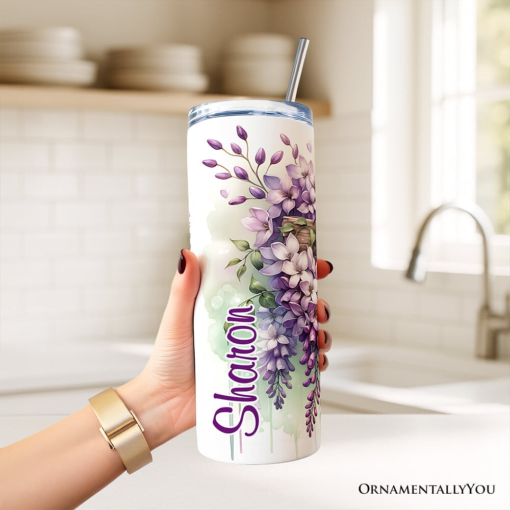 Purple wisteria tumbler with lid and stainless straw, floral design on white