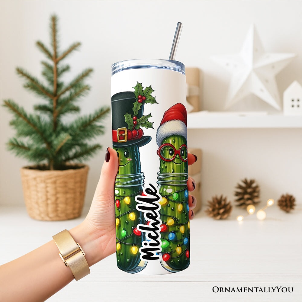 Personalized 20oz Christmas tumbler with lid and stainless straw, green pickle holiday design