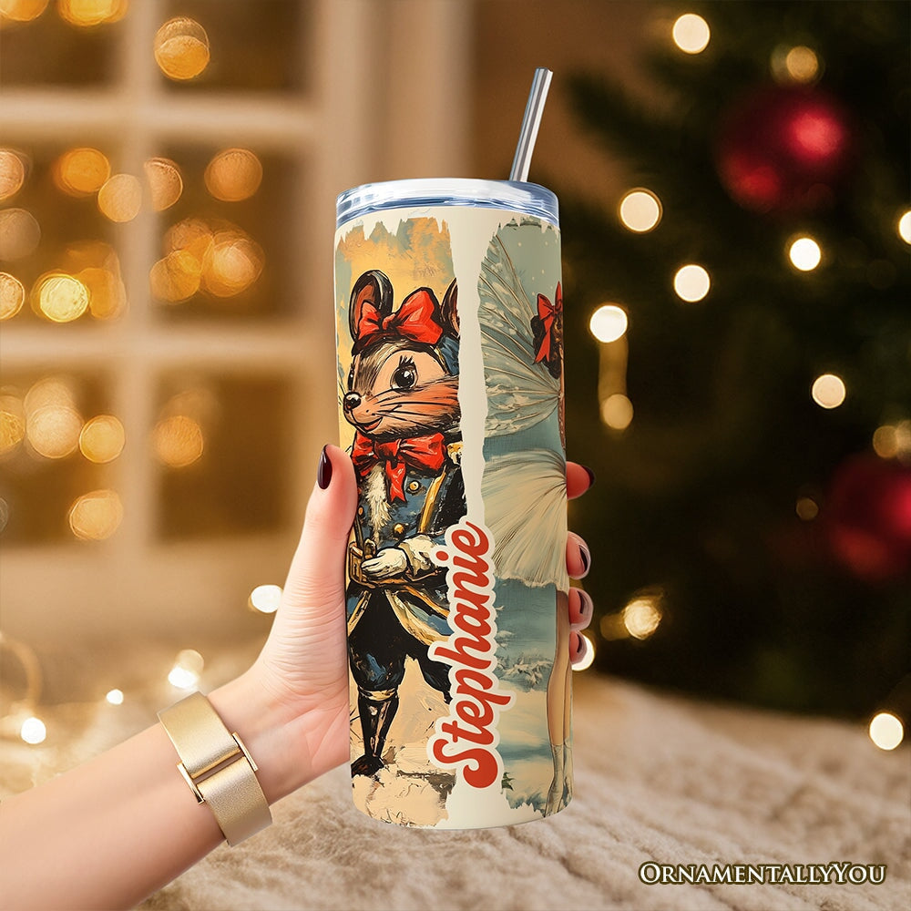Insulated tumbler with lid and silver straw, vintage mouse dancer illustration