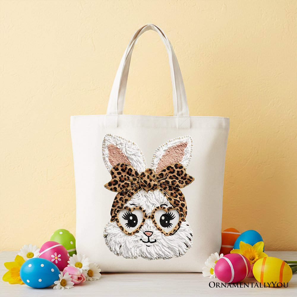 White tote bag with leopard bow bunny face embroidery and open top
