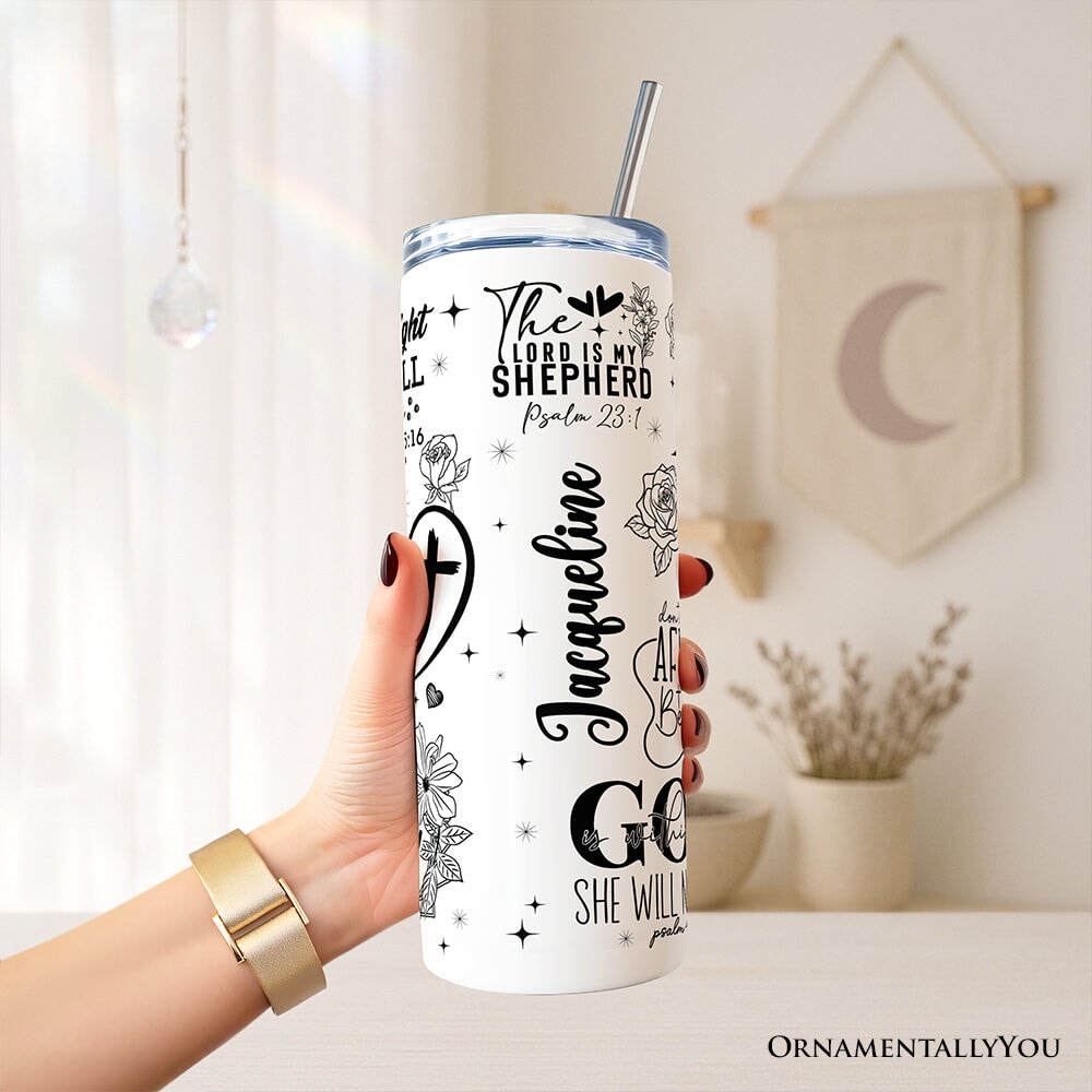 White 20oz tumbler with lid and stainless steel straw, flower-and-cross Christian verse design